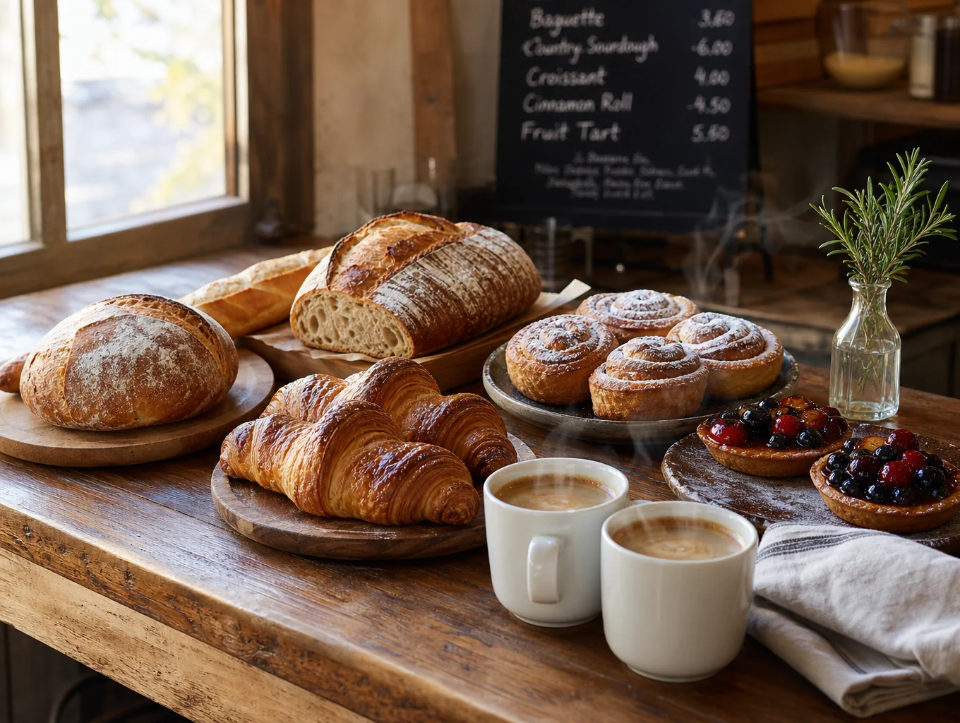 Golden pastries and fresh sourdough bread on a cooling rack