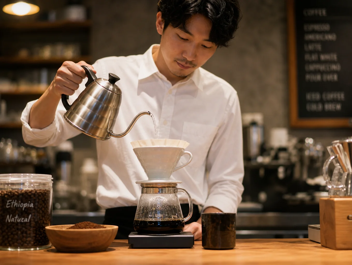 Steaming pour-over coffee being prepared in a bright café