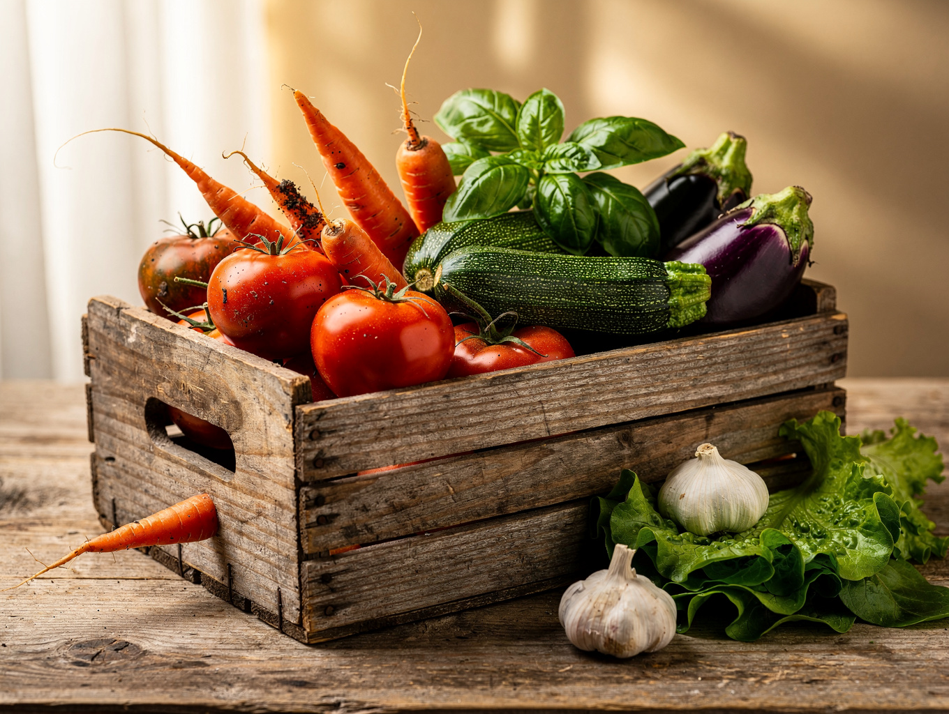Freshly harvested seasonal vegetables in wooden crates